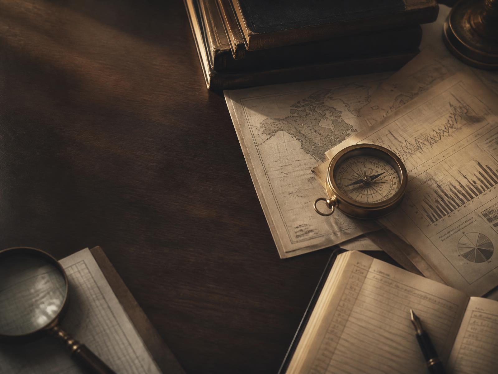 Archival economic charts, world map, compass, and financial ledger on a walnut desk